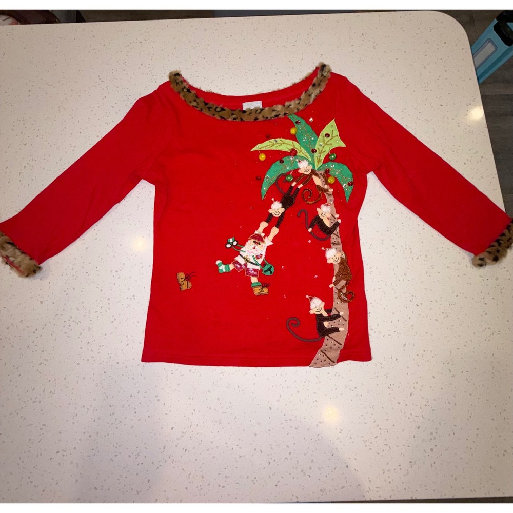 Tropical Christmas Santa Monkeys Palm Tree Red Top Faux Fur Trim Small